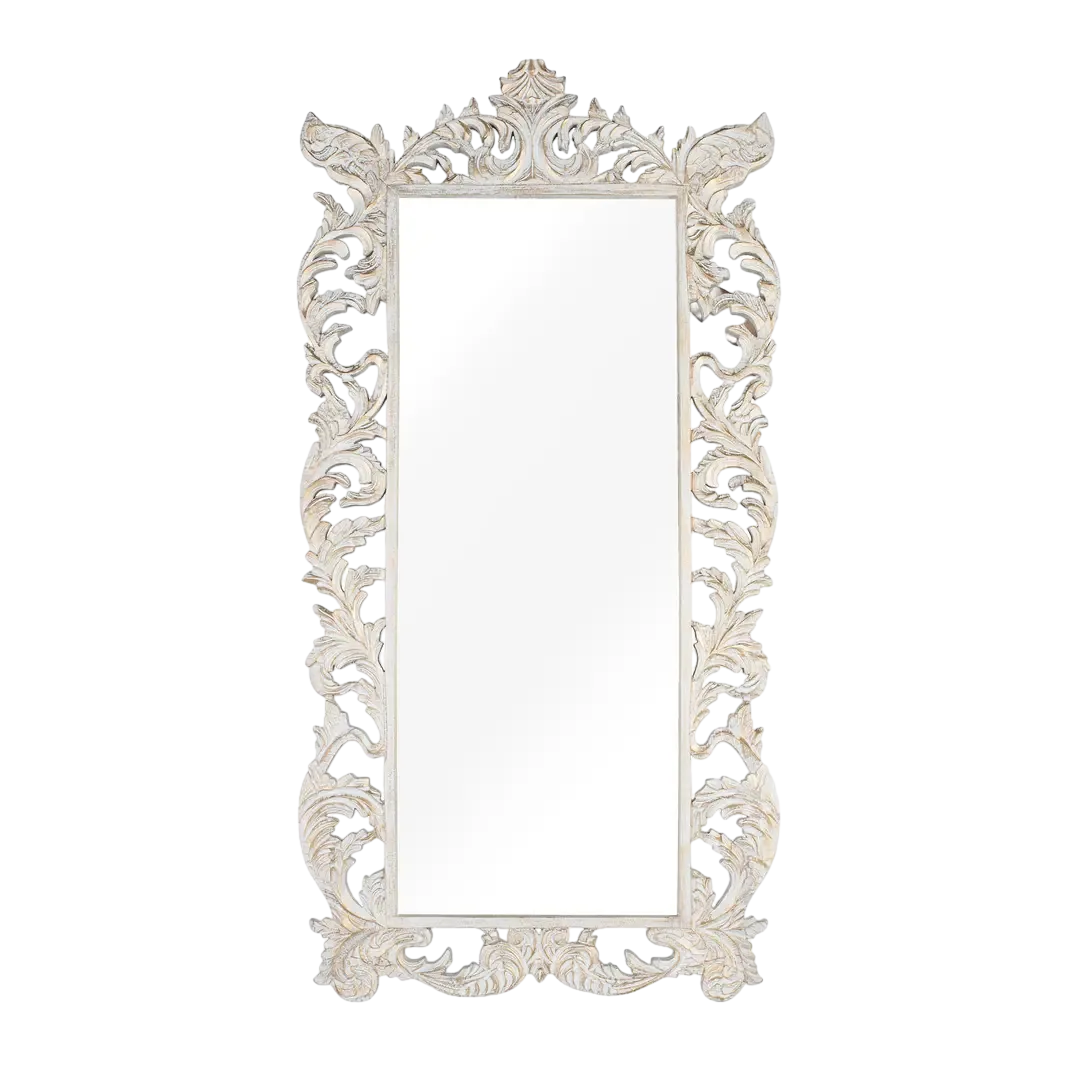 Espejo Brezo marco tallado en madera de mango acabado blanco envejecido con reflejos dorados 88x3.5x178cm - Giner y Colomer - 17326GYC - foto-transparente