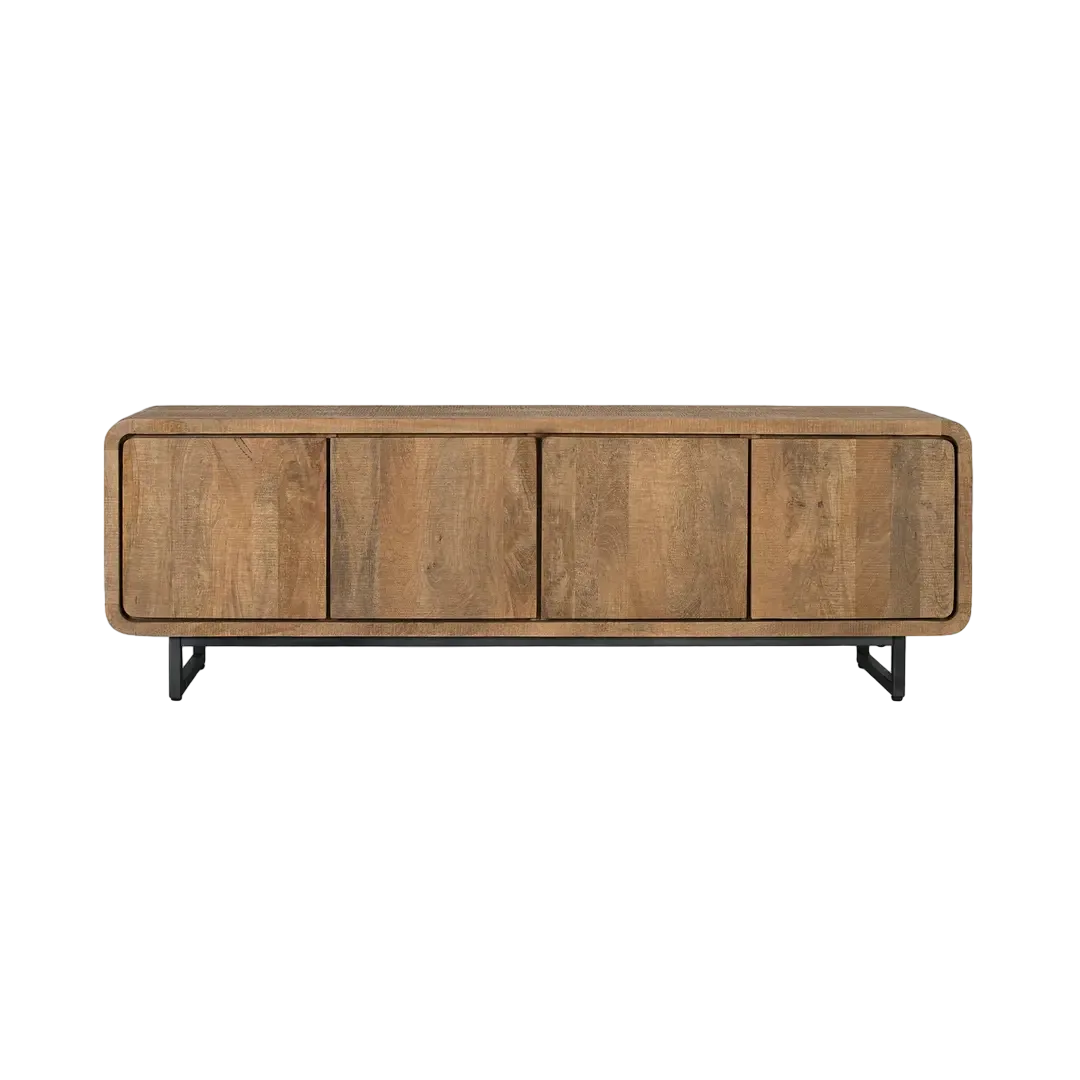 Mueble de TV Sarine en madera de mango acabado miel patas negras 4 puertas con sistema push estilo nórdico contemporáneo 180x40x50cm - Giner y Colomer - 2421GYC - foto-transparente