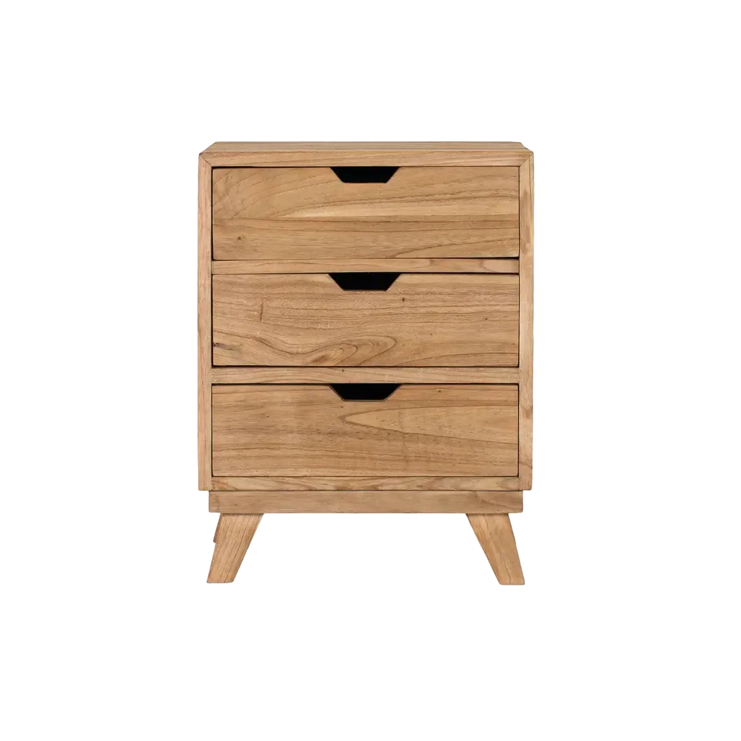 Mesita de noche Koba en madera de mindi 3 cajones acabado mate tono natural 43x35x57cm - Giner y Colomer - 2427GYC - foto-transparente