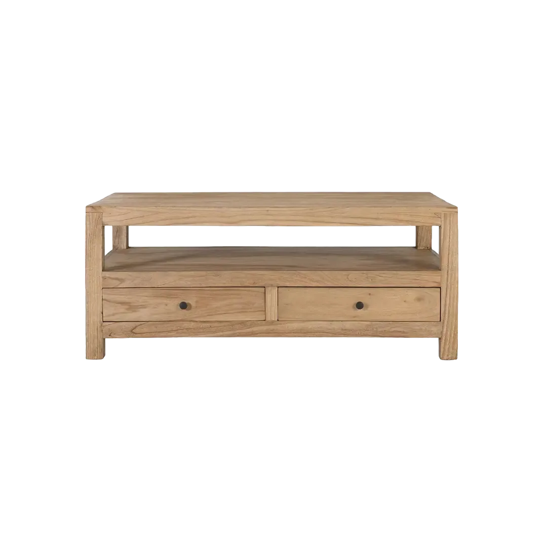 Mesa de centro rectangular en madera de mindi acabado natural con 4 cajones y estante inferior 110x60x46cm - Giner y Colomer - 2428GYC - foto-transparente