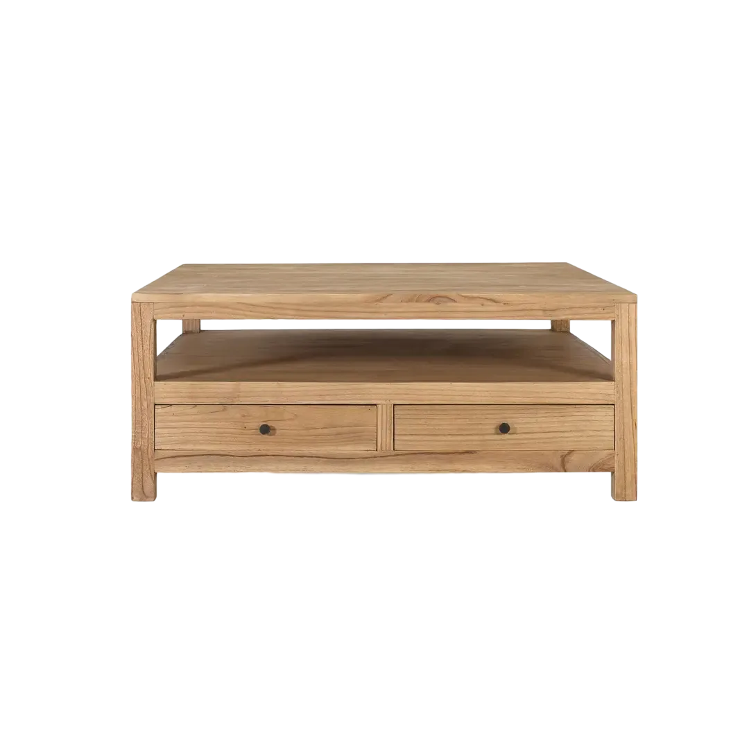 Mesa de centro cuadrada en madera de mindi estilo rústico moderno 4 cajones y estante inferior 110x110x46cm - Giner y Colomer - 2429GYC - foto-transparente