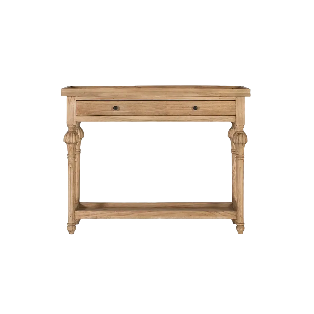 Consola Kumo estilo rústico moderno en madera de mindi acabado mate con cajón y estante inferior 100x30x78cm - Giner y Colomer - 2430GYC - foto-transparente