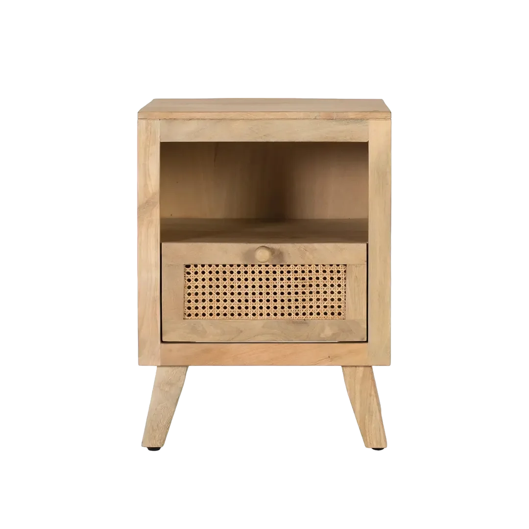 Mesita de noche Yara en madera de mango acabado natural con cajón 45x40x62cm - Giner y Colomer - 2450GYC - foto-transparente