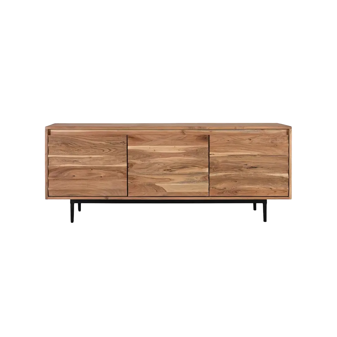 Mueble TV Woodland estilo rústico moderno en madera de acacia acabado natural y detalles en metal negro 150x40x60cm - Giner y Colomer - 2452GYC - foto-transparente