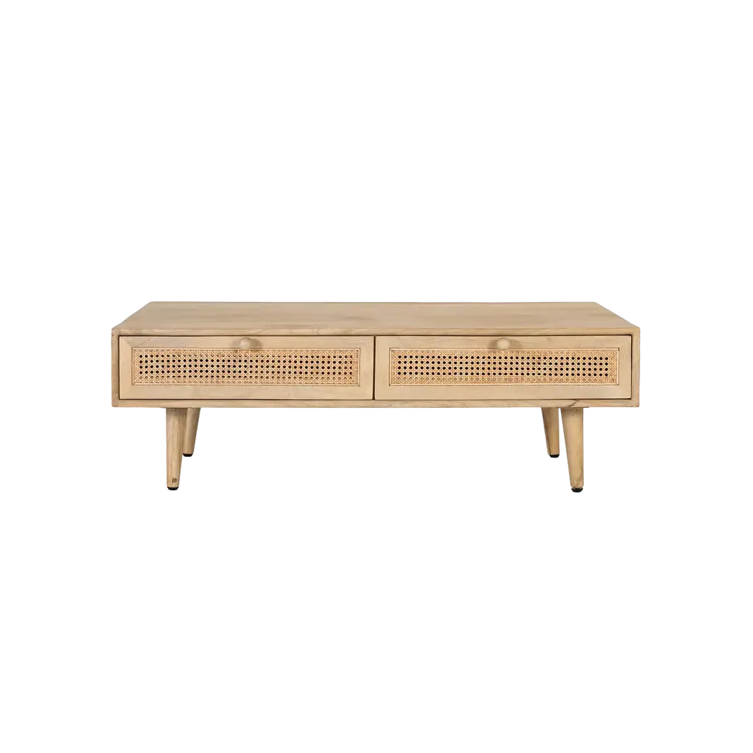 Mesa de centro Yara en madera de mango con rejilla de ratán 2 cajones y patas torneadas estilo Japandi 120x70x40cm - Giner y Colomer - 2456GYC - foto-transparente