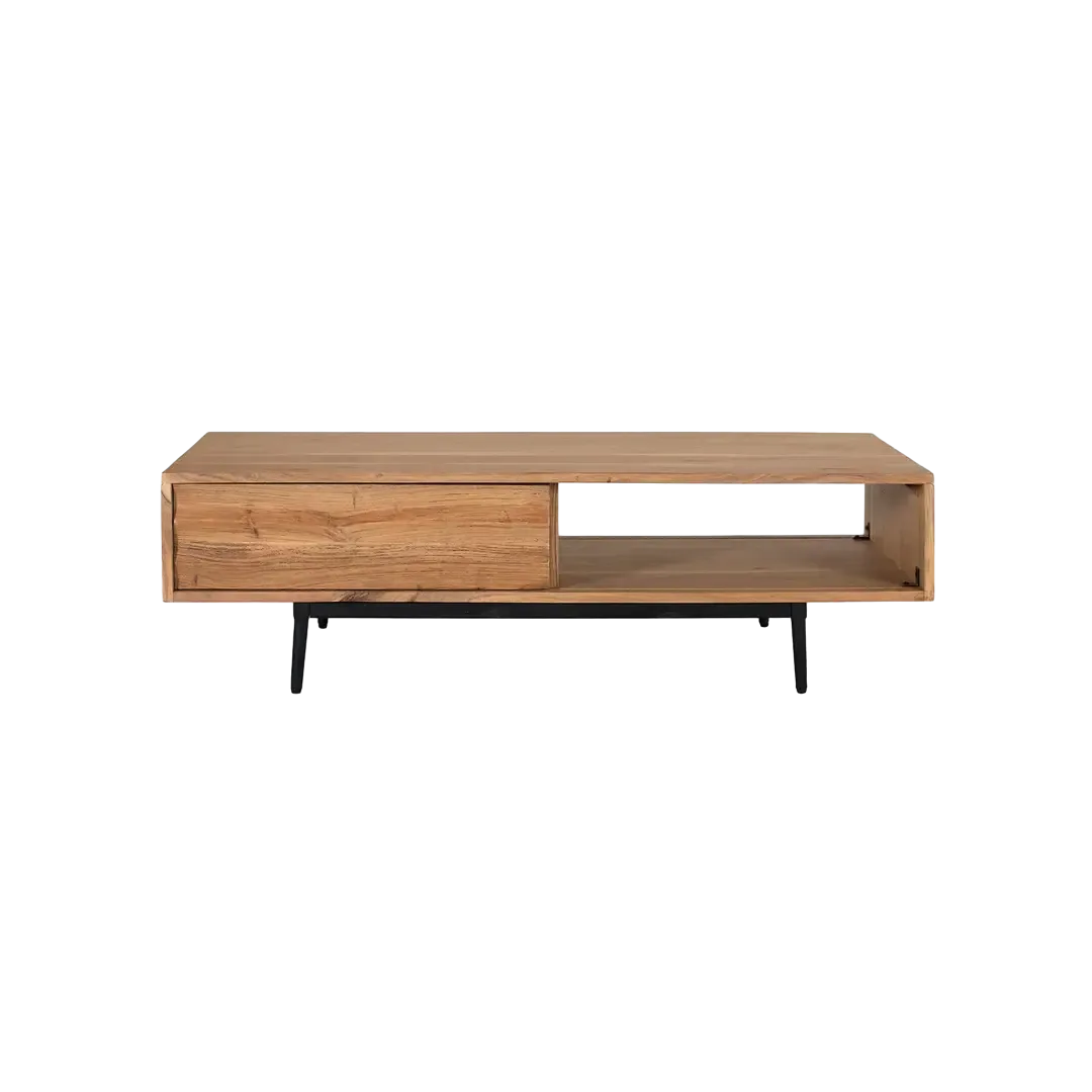 Mesa de centro Woodland en acacia natural y patas metálicas negras con estante corredero 120x60x35cm - Giner y Colomer - 2457GYC - foto-transparente