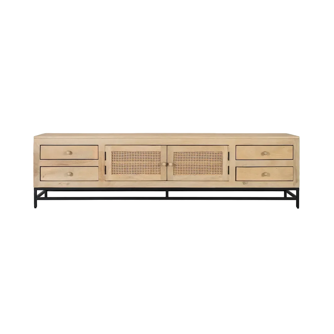 Mueble TV Yara madera de mango acabado natural con rejilla de ratán 2 puertas 4 cajones patas negras 210x40x56cm - Giner y Colomer - 2459GYC - foto-transparente
