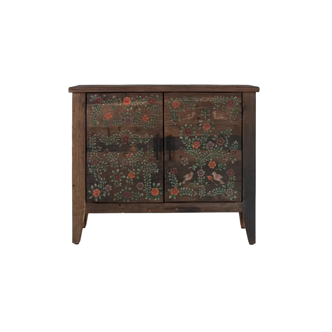 Cómoda Garden en madera recuperada 2 puertas y 1 estante acabado nogal envejecido multicolor estilo étnico floral 96x44x80cm - Giner y Colomer - 2488GYC - foto-transparente