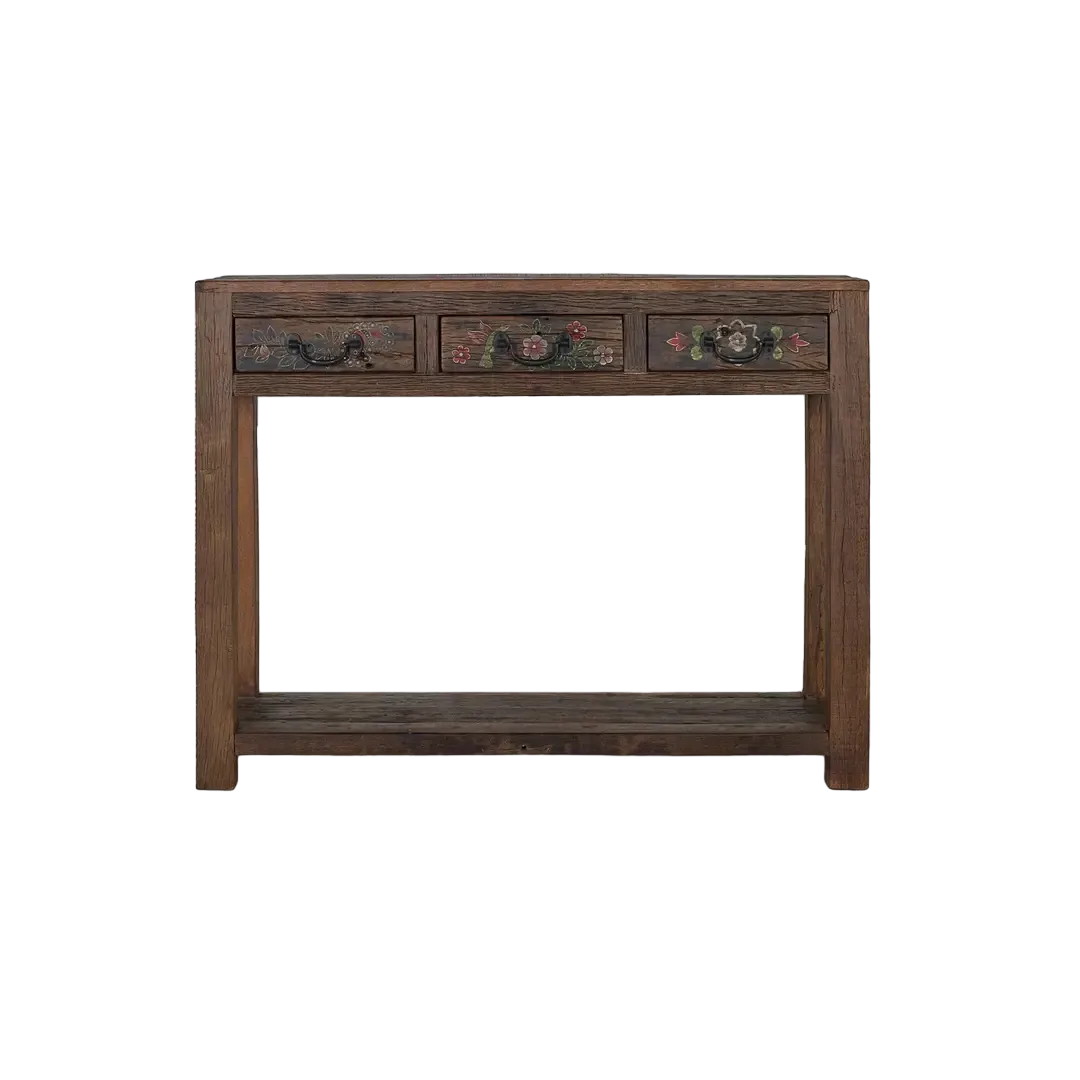 Consola en madera recuperada 3 cajones y estante con tiradores y guías de madera acabado nogal envejecido multicolor estilo étnico floral 119x38x90cm - Giner y Colomer - 2490GYC - foto-transparente