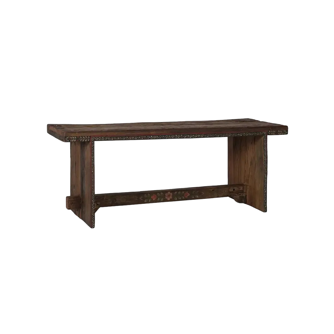 Banco en madera recuperada acabado nogal envejecido multicolor estilo étnico floral para 3-4 personas 122x41x48cm - Giner y Colomer - 2491GYC - foto-transparente