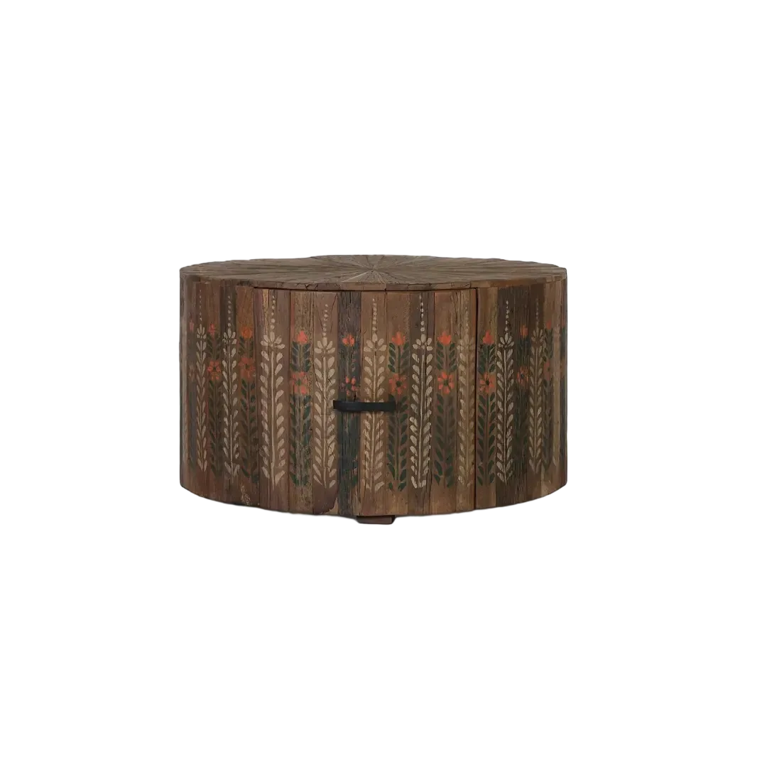 Mesa de centro redonda en madera recuperada nogal envejecido multicolor con cajón 80x80x46cm - Giner y Colomer - 2492GYC - foto-transparente