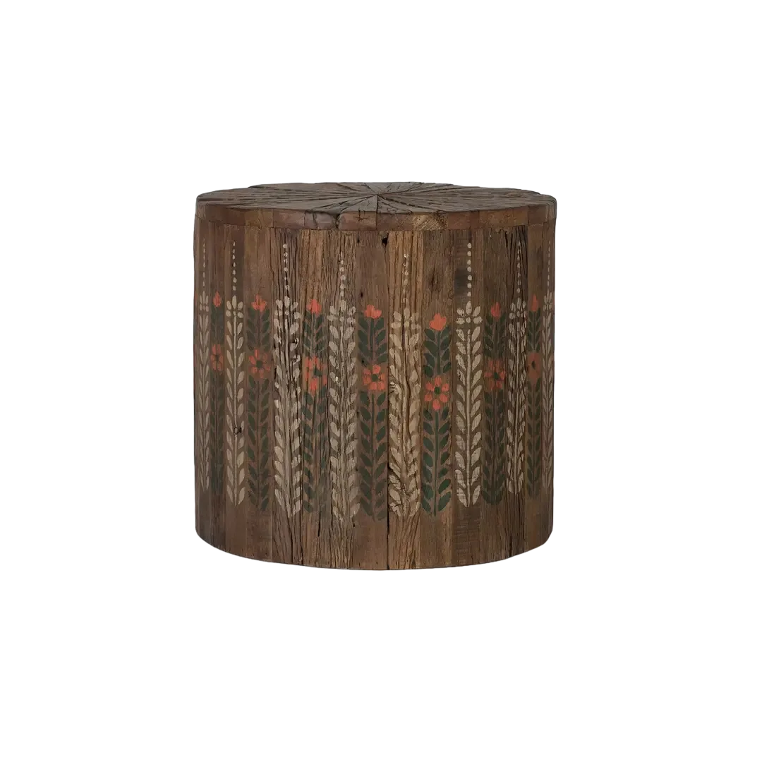 Mesa de centro redonda diseño tambor en madera recuperada acabado nogal envejecido multicolor estilo étnico floral pieza única 51x51x48cm - Giner y Colomer - 2493GYC - foto-transparente