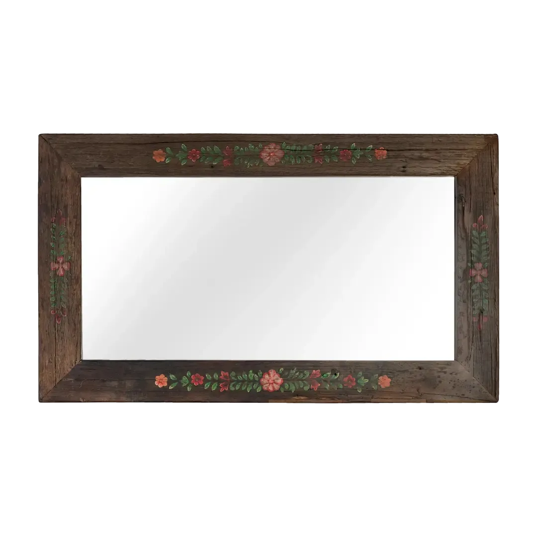 Espejo rectangular gran formato de madera recuperada con marco nogal envejecido multicolor estilo étnico floral 95x3x160cm - Giner y Colomer - 2497GYC - foto-transparente
