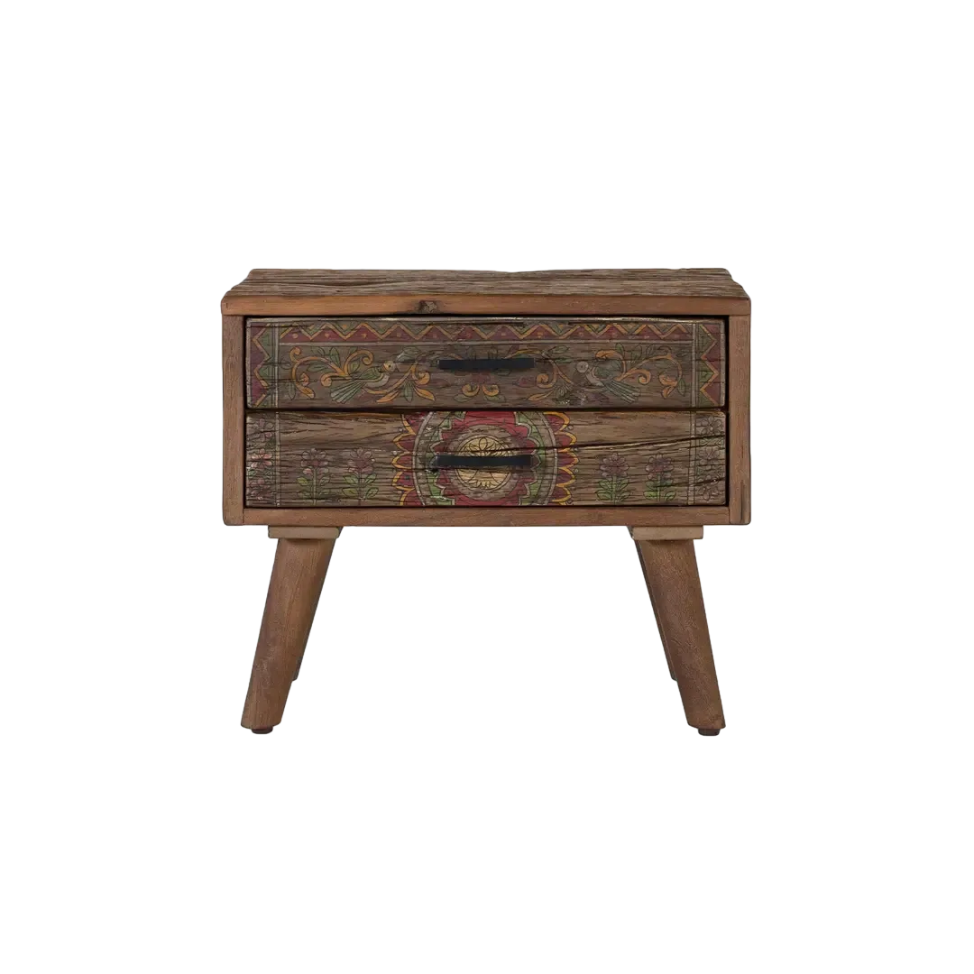 Mesita de noche en madera recuperada 2 cajones acabado nogal envejecido multicolor estilo étnico floral 56x38x49cm - Giner y Colomer - 2498GYC - foto-transparente