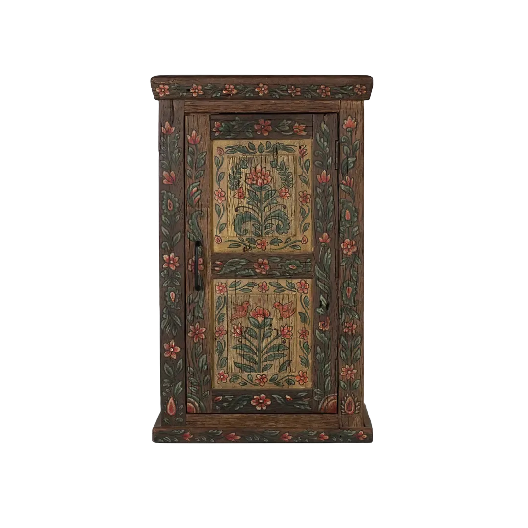 Mueble auxiliar Garden en madera recuperada estilo étnico floral con puerta y estante 61x35x102cm - Giner y Colomer - 2499GYC - foto-transparente