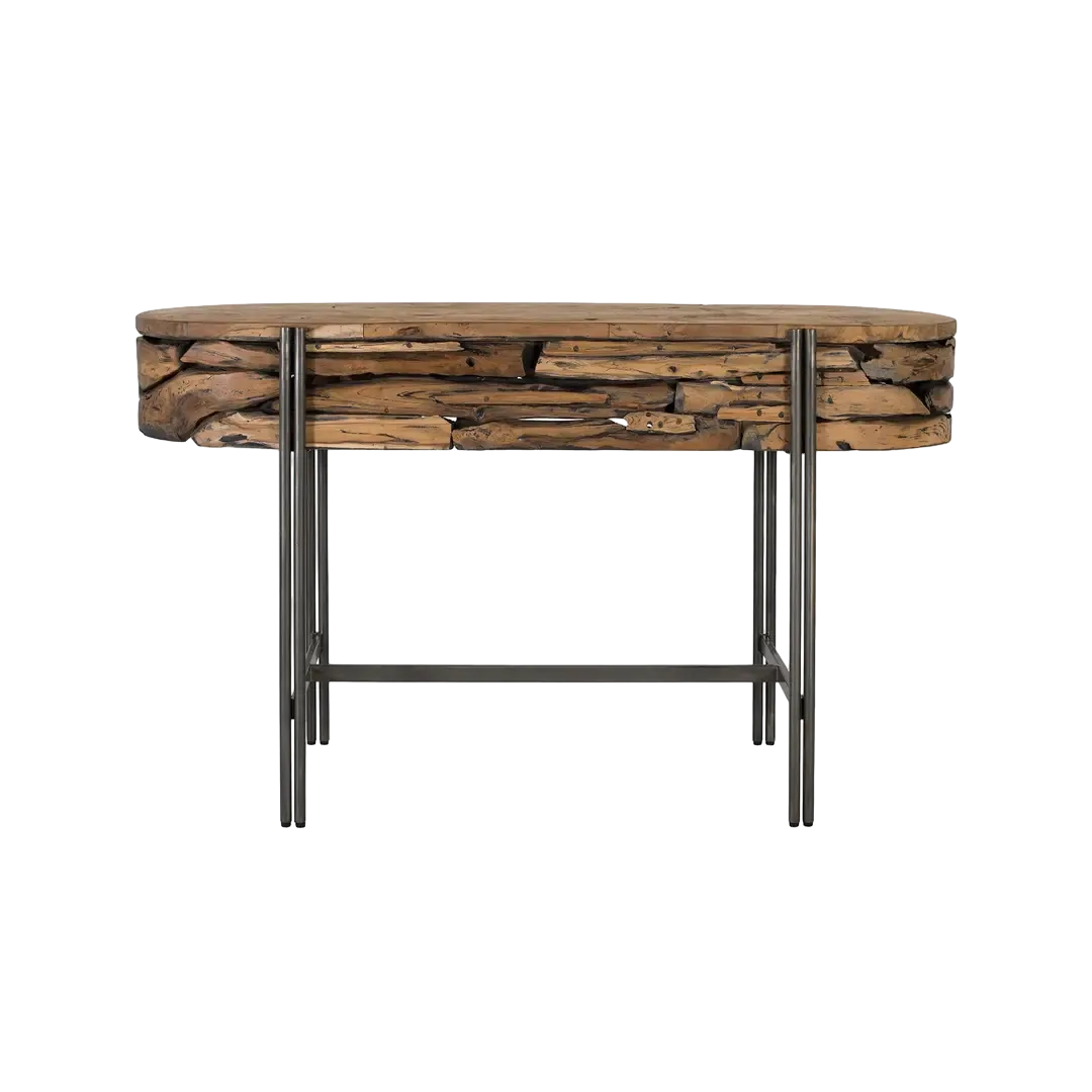 Consola Forest en madera de teca con sobre tipo mosaico y estructura de hierro estilo rústico chic industrial 140x49x82cm - Giner y Colomer - 2504GYC - foto-transparente