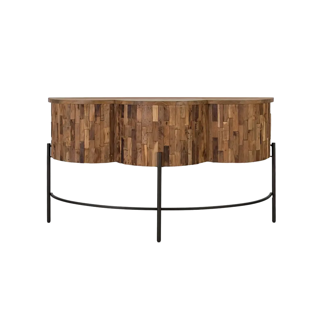 Consola Batea semicircular de teca estriada con detalles en metal negro 165x50x91cm - Giner y Colomer - 2505GYC - foto-transparente