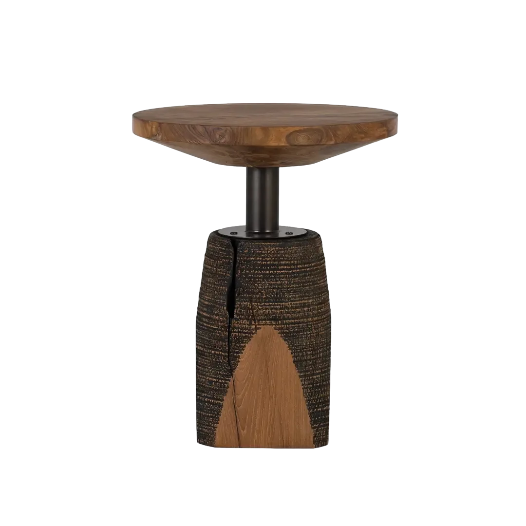 Mesa de centro Hiro redonda en madera de teca mate tono natural con detalles wengué estilo rústico industrial 45x45x54cm - Giner y Colomer - 2506GYC - foto-transparente