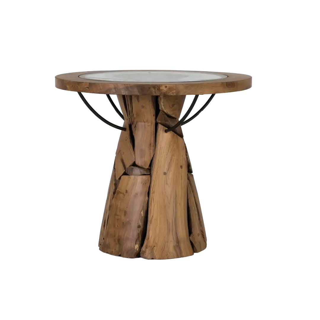 Mesa de centro Kasi redonda en madera de teca acabado mate marrón miel detalles de cristal estructura metálica negra 60x60x53cm - Giner y Colomer - 2507GYC - foto-transparente