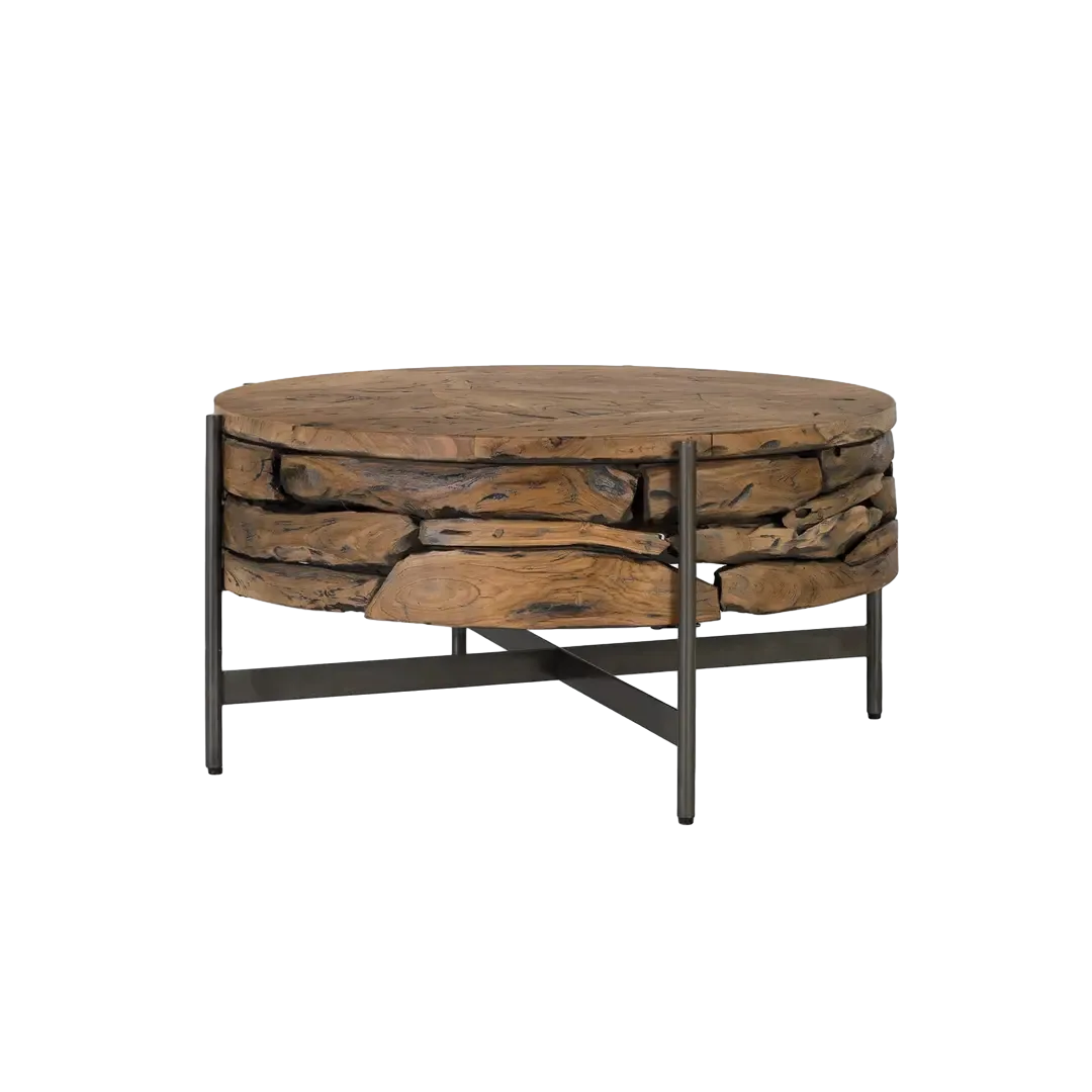 Mesa de centro redonda en teca con estructura de hierro negro estilo rústico chic 84x84x41cm - Giner y Colomer - 2512GYC - foto-transparente