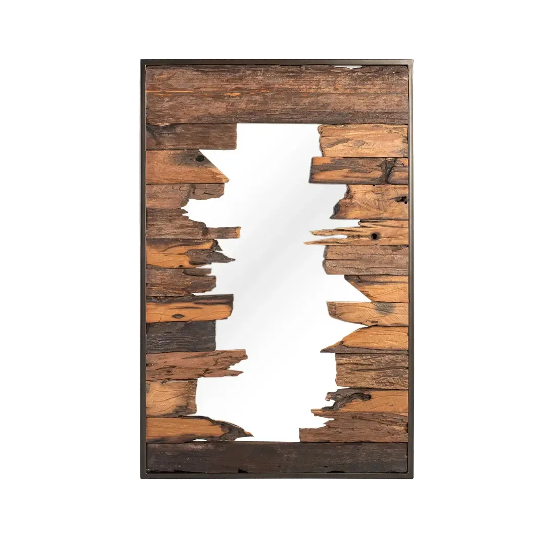 Espejo Nami rectangular marco de madera de raíz de teca hierro y cristal tonos nogal y negro 84x4x130cm - Giner y Colomer - 2515GYC - foto-transparente