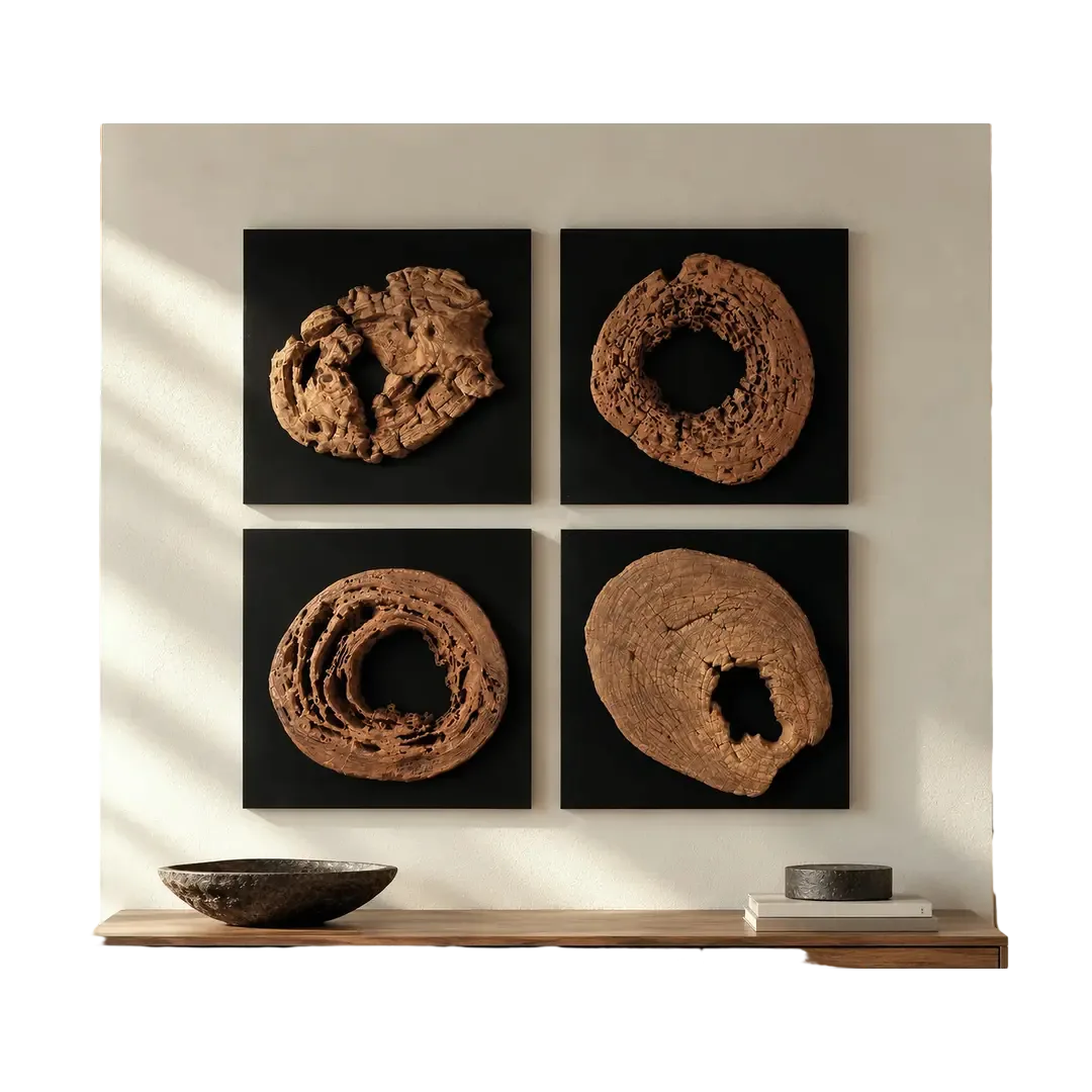 Panel decorativo de pared cuadrado en raíz de teca reciclada y MDF negro 40x7x40cm - Giner y Colomer - 2516GYC - foto-transparente