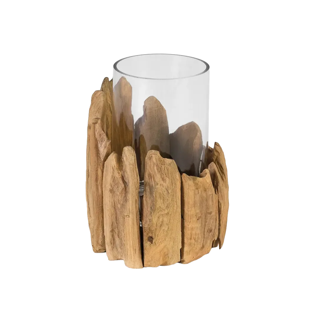 Jarrón Silvestre en madera de raíz de teca reciclada y cristal 21x21x33cm - Giner y Colomer - 2517GYC - foto-transparente