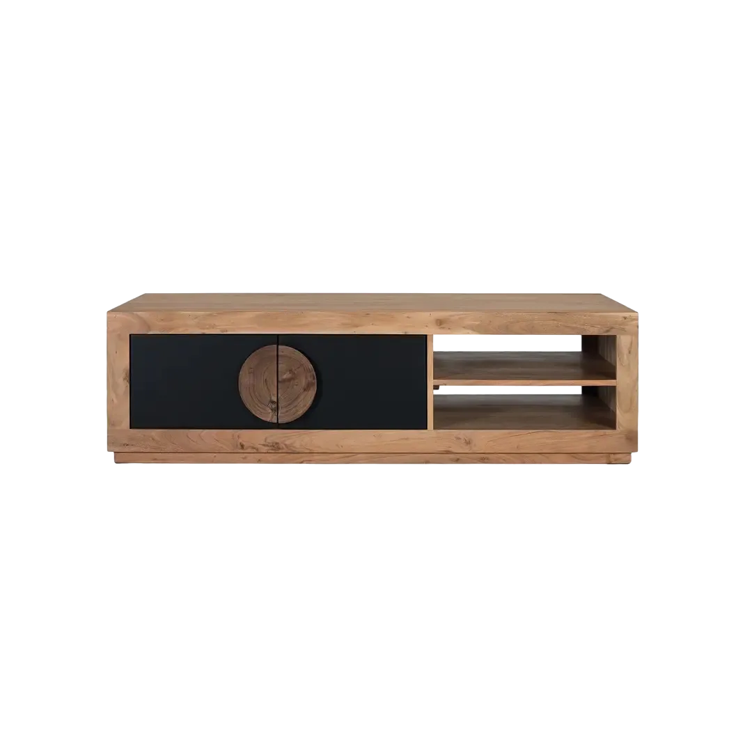 Mesa de centro Essence en madera de acacia acabado mate natural con detalles negros y estante inferior 140x60x40cm - Giner y Colomer - 2534GYC - foto-transparente