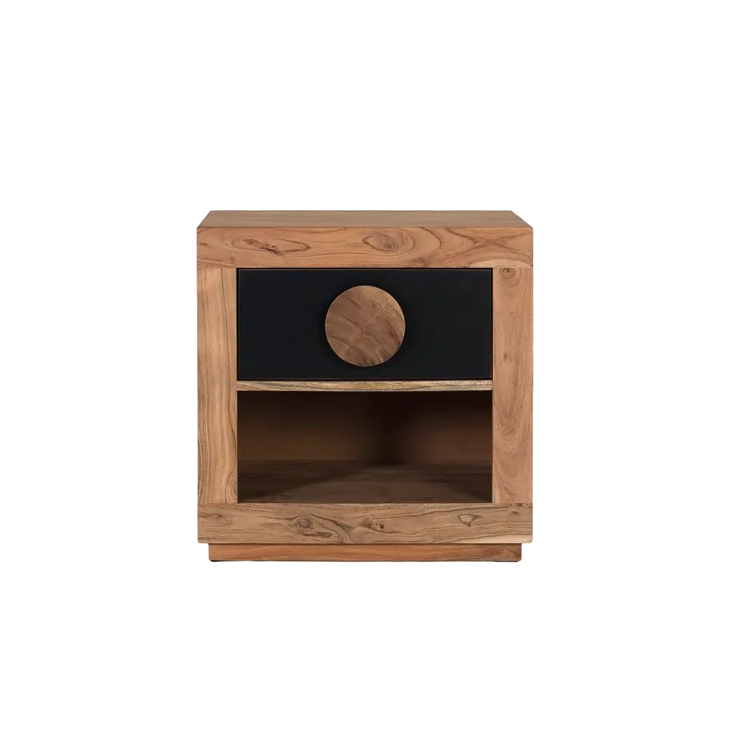 Mesita de noche Essence de madera de acacia acabado mate color natural con patas de mango y un cajón 50x40x50cm - Giner y Colomer - 2535GYC - foto-transparente