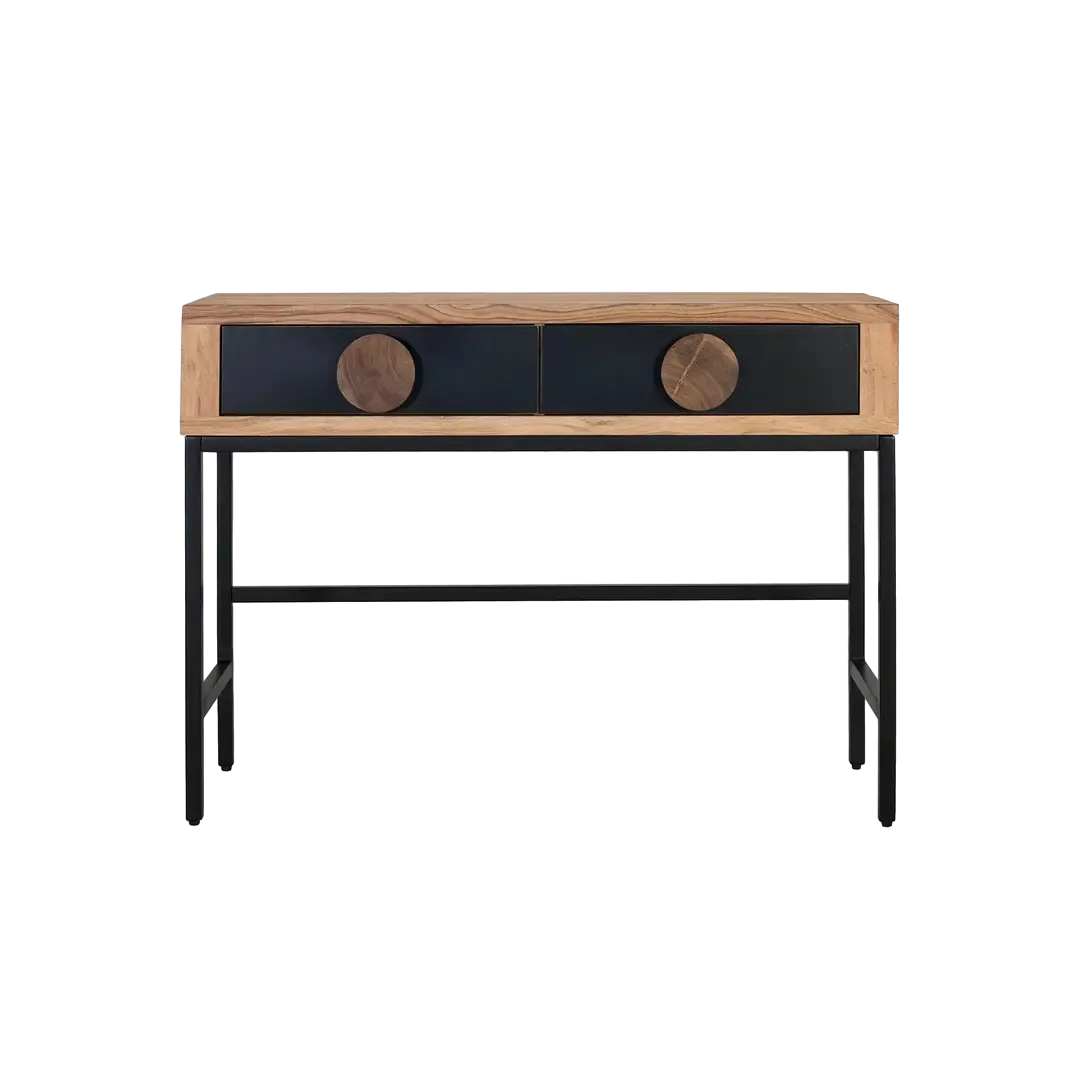 Consola Essence en madera de acacia acabado natural mate con 2 cajones y estructura en hierro negro 110x40x80cm - Giner y Colomer - 2536GYC - foto-transparente