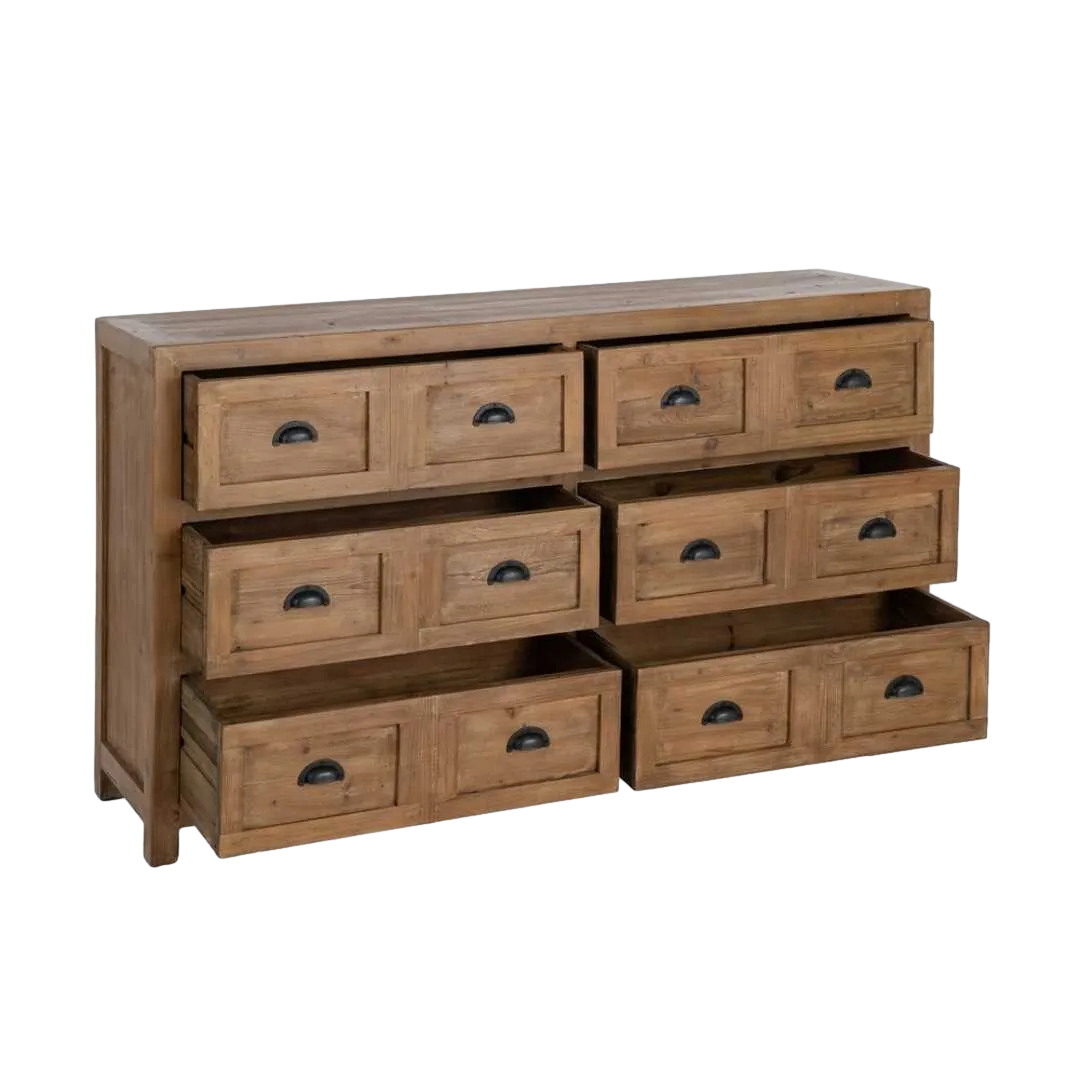 Mueble recibidor en madera reciclada de pino con 6 cajones 160x40x90cm - Ixia - 616229IX - foto-transparente