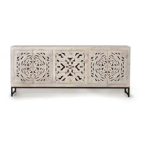 Aparador Mykonos 4 puertas 3 cajones en madera de mango maciza base de hierro puertas talladas a mano acabado blanco envejecido 190x38x80cm - Giner y Colomer - 1040GYC - foto-blanco