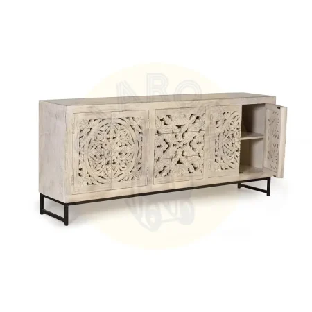 Aparador Mykonos 4 puertas 3 cajones en madera de mango maciza base de hierro puertas talladas a mano acabado blanco envejecido 190x38x80cm - Giner y Colomer - 1040GYC - foto-secundaria-1