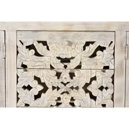 Aparador Mykonos 4 puertas 3 cajones en madera de mango maciza base de hierro puertas talladas a mano acabado blanco envejecido 190x38x80cm - Giner y Colomer - 1040GYC - foto-secundaria-2