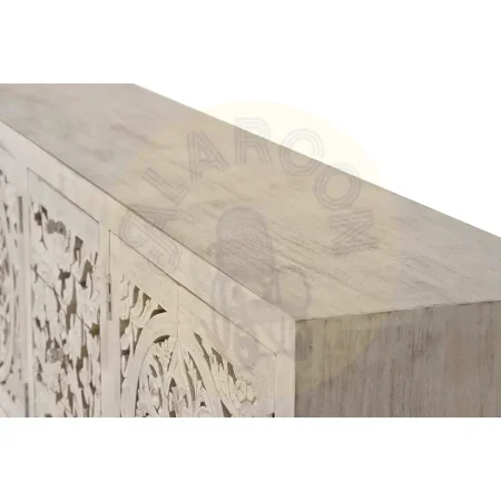 Aparador Mykonos 4 puertas 3 cajones en madera de mango maciza base de hierro puertas talladas a mano acabado blanco envejecido 190x38x80cm - Giner y Colomer - 1040GYC - foto-secundaria-3