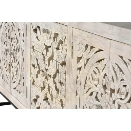 Aparador Mykonos 4 puertas 3 cajones en madera de mango maciza base de hierro puertas talladas a mano acabado blanco envejecido 190x38x80cm - Giner y Colomer - 1040GYC - foto-secundaria-5