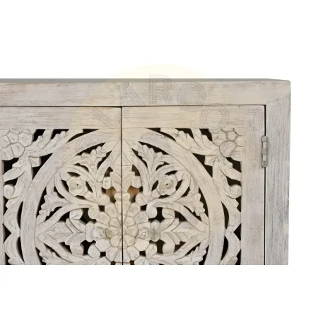 Aparador Mykonos 4 puertas 3 cajones en madera de mango maciza base de hierro puertas talladas a mano acabado blanco envejecido 190x38x80cm - Giner y Colomer - 1040GYC - foto-secundaria-6