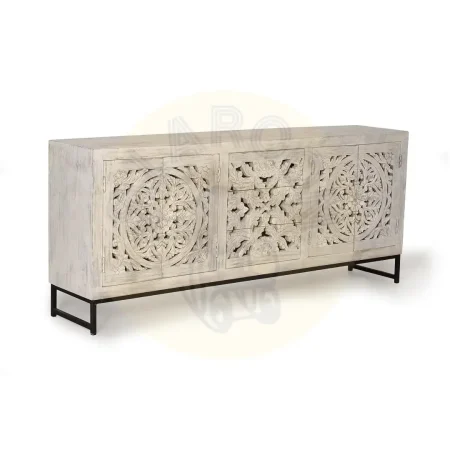 Aparador Mykonos 4 puertas 3 cajones en madera de mango maciza base de hierro puertas talladas a mano acabado blanco envejecido 190x38x80cm - Giner y Colomer - 1040GYC - foto-secundaria-7