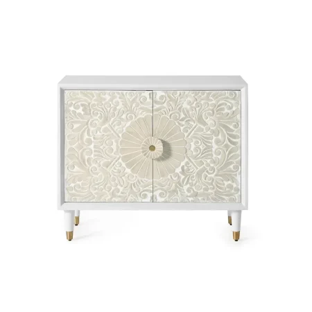 Consola Bali en madera de mango con 2 puertas y frontales tallados a mano y acabado artesanal 90x35x77cm - Giner y Colomer - 1081GYC - foto-blanco