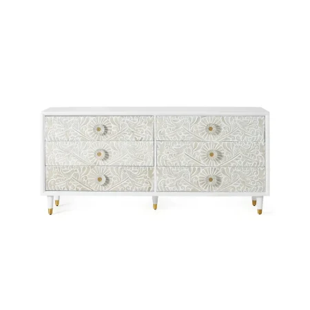 Cómoda Bali 6 cajones en madera de mango con frontales tallados a mano acabado natural diseño artesanal 170x40x80cm - Giner y Colomer - 1082GYC - foto-blanco