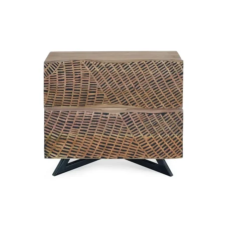 Mesita de noche Yakarta madera de acacia patas de metal dos cajones con frontis tallados a mano y apertura uñero diseño compacto 57x34x50cm - Giner y Colomer - 1090GYC - foto-blanco