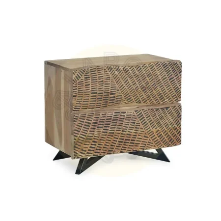 Mesita de noche Yakarta madera de acacia patas de metal dos cajones con frontis tallados a mano y apertura uñero diseño compacto 57x34x50cm - Giner y Colomer - 1090GYC - foto-secundaria-1