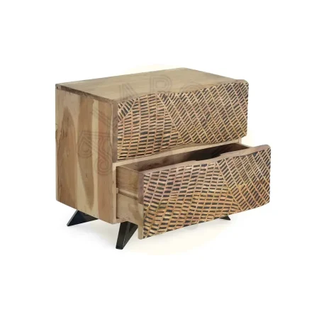 Mesita de noche Yakarta madera de acacia patas de metal dos cajones con frontis tallados a mano y apertura uñero diseño compacto 57x34x50cm - Giner y Colomer - 1090GYC - foto-secundaria-2