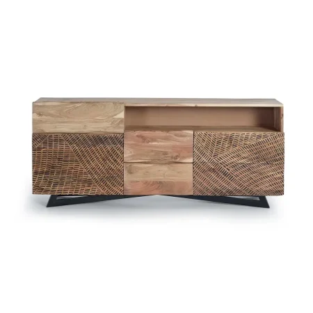 Aparador Yakarta en madera de acacia con patas de metal 3 cajones 2 puertas con estantes interiores y frontales tallados a mano acabado natural 160x36x70cm - Giner y Colomer - 1091GYC - foto-blanco
