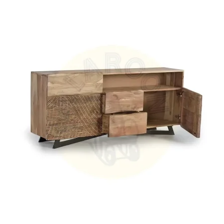 Aparador Yakarta en madera de acacia con patas de metal 3 cajones 2 puertas con estantes interiores y frontales tallados a mano acabado natural 160x36x70cm - Giner y Colomer - 1091GYC - foto-secundaria-1