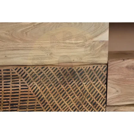 Aparador Yakarta en madera de acacia con patas de metal 3 cajones 2 puertas con estantes interiores y frontales tallados a mano acabado natural 160x36x70cm - Giner y Colomer - 1091GYC - foto-secundaria-2