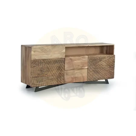 Aparador Yakarta en madera de acacia con patas de metal 3 cajones 2 puertas con estantes interiores y frontales tallados a mano acabado natural 160x36x70cm - Giner y Colomer - 1091GYC - foto-secundaria-7