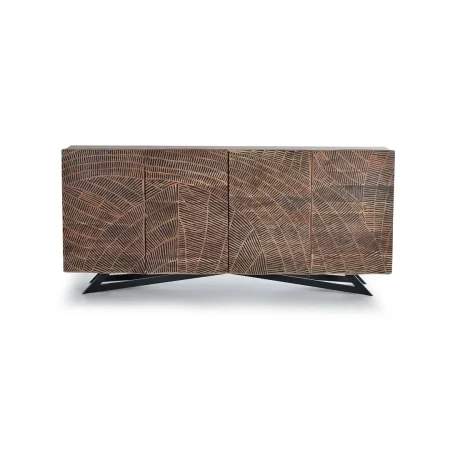 Aparador Yakarta 4 puertas madera de acacia color natural frontis tallados a mano patas de metal bisagras con cierre suave y seguro 200x40x90cm - Giner y Colomer - 1096GYC - foto-blanco