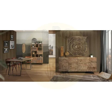 Aparador Yakarta 4 puertas madera de acacia color natural frontis tallados a mano patas de metal bisagras con cierre suave y seguro 200x40x90cm - Giner y Colomer - 1096GYC - foto-secundaria-4