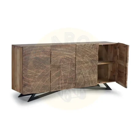 Aparador Yakarta 4 puertas madera de acacia color natural frontis tallados a mano patas de metal bisagras con cierre suave y seguro 200x40x90cm - Giner y Colomer - 1096GYC - foto-secundaria-8